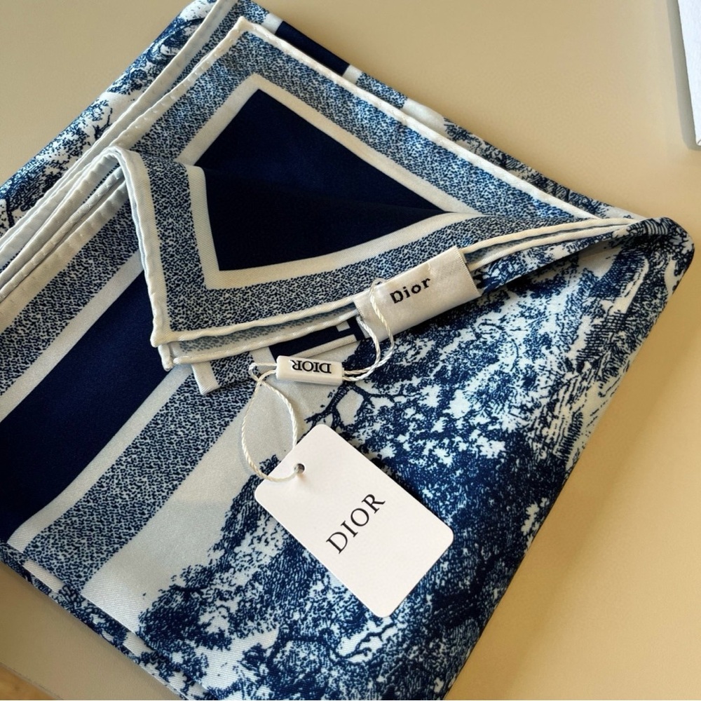 Dior Style Navy & White Toile de Jouy Print Silk Scarf - Picture 4 of 7